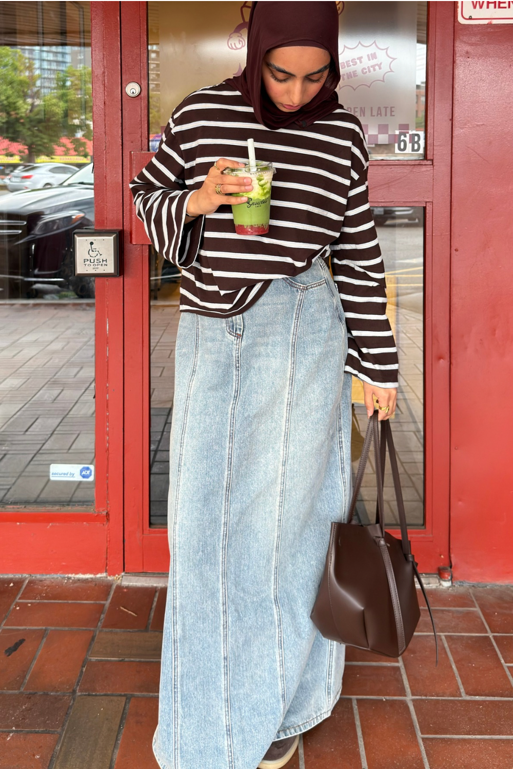 Light wash denim A-line modest skirt – Zahriya