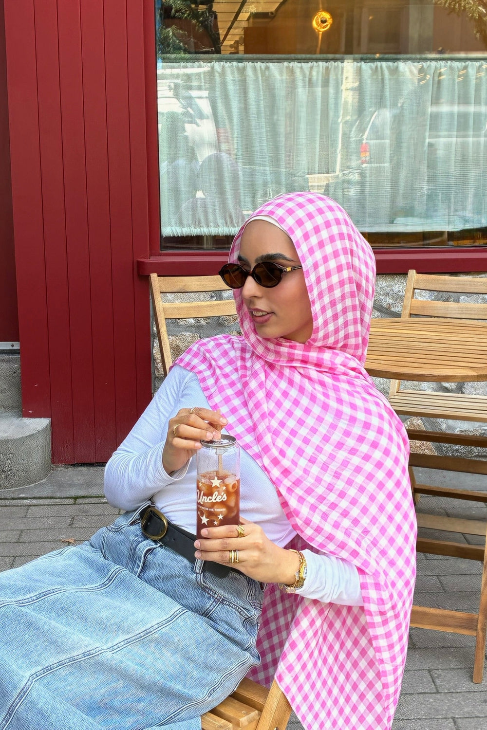 Pink gingham plaid woven modal hijab - Zahriya