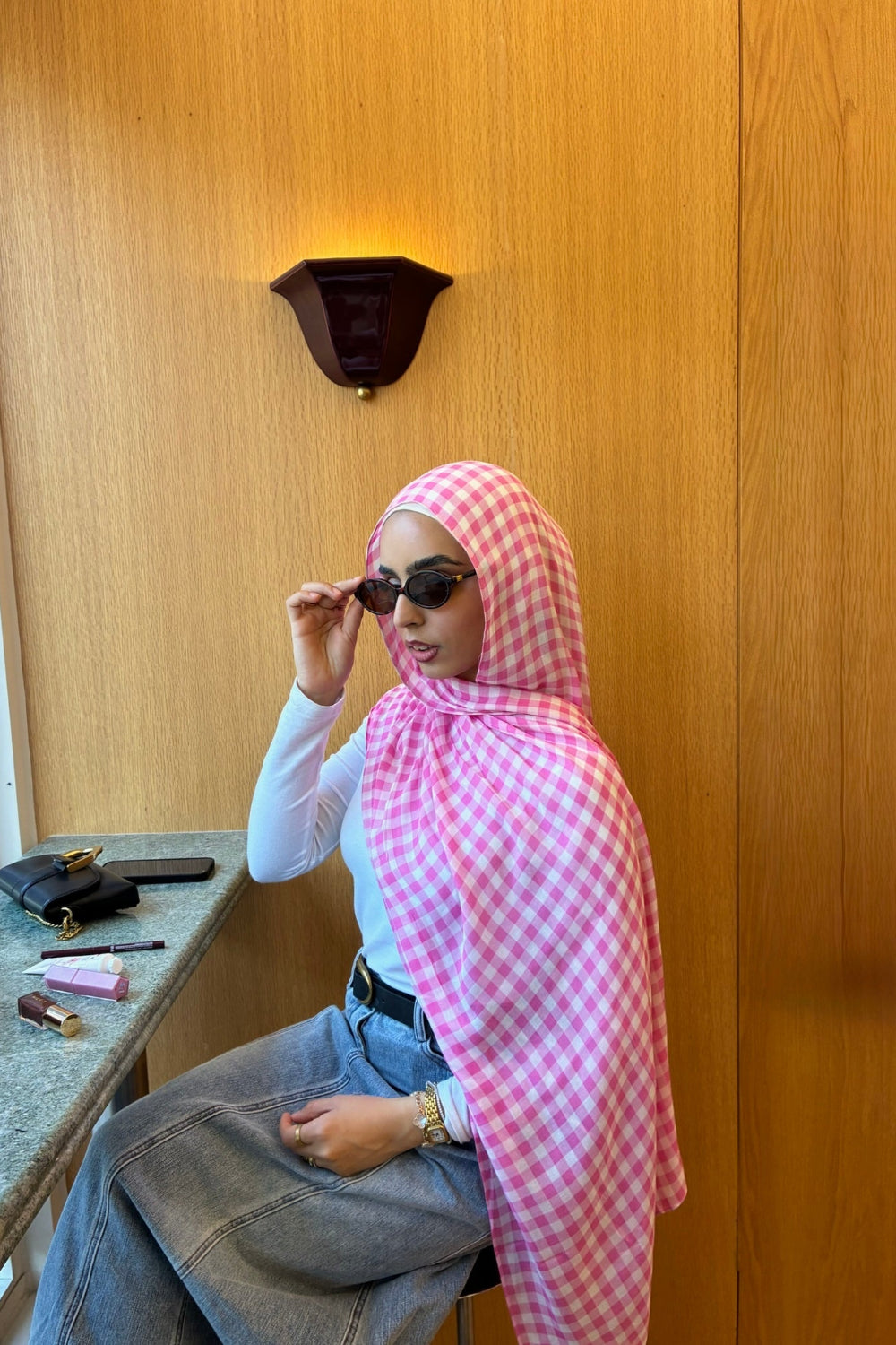 Pink gingham plaid woven modal hijab - Zahriya
