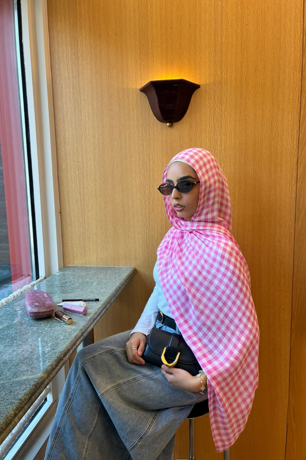 Pink gingham plaid woven modal hijab - Zahriya