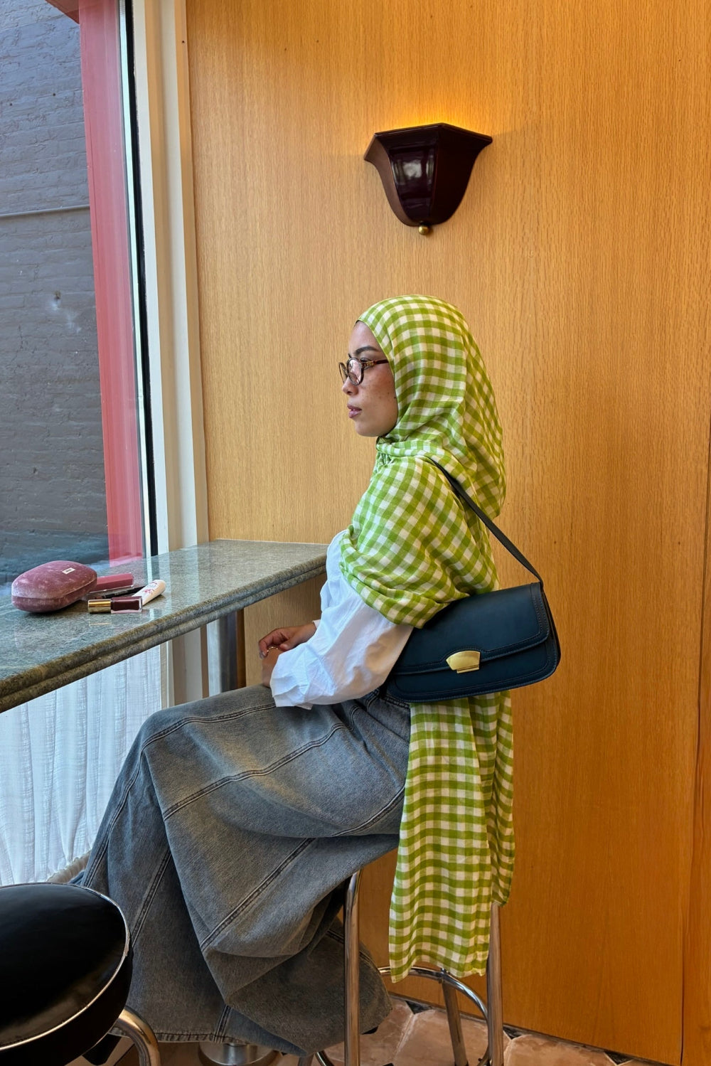 Olive green gingham plaid woven modal hijab - Zahriya