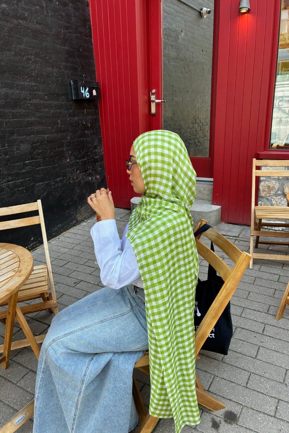 Olive green gingham plaid woven modal hijab - Zahriya
